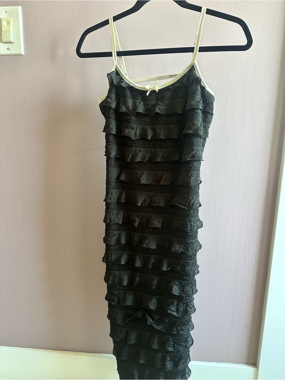 Black Ruffled Slip Dress with Cream Trim